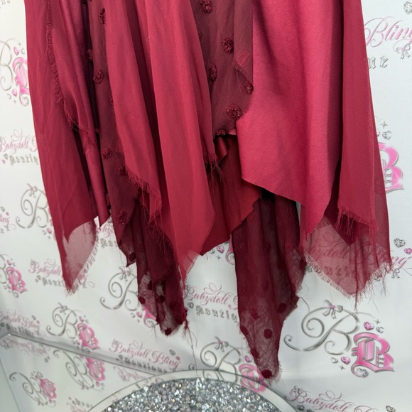 Once again fairy skirt Y2K red Asymmetrical Denim Waist Burgundy Tulle Skirt - Picture 6 of 12